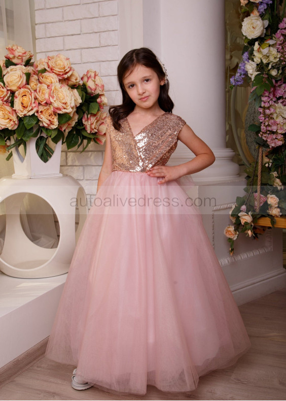 Dusty Rose Sequin Tulle Ankle Length V Back Flower Girl Dress Dusty Rose Sequin Tulle Ankle Length V Back Flower Girl Dress